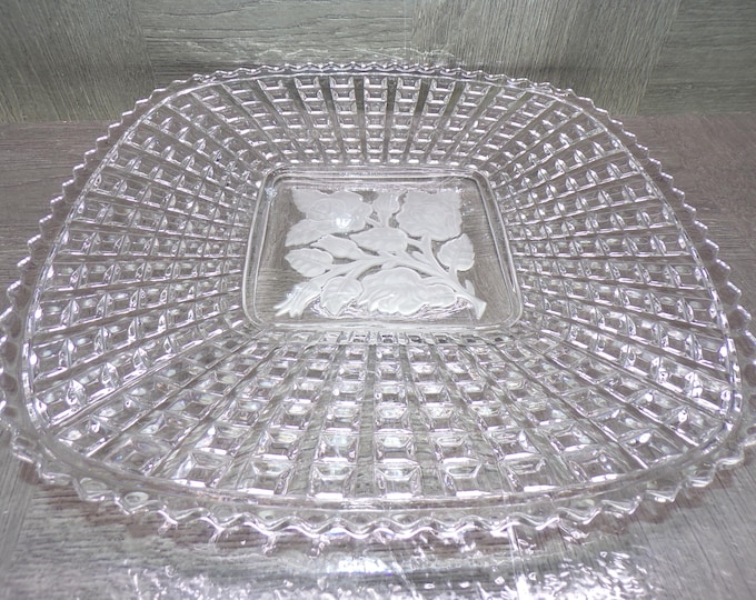 2602 Imperial Glass Radiant Waffle Block Vintage 11" Square Plate Platter - Frosted Floral - Great Condition Couple light Scratches