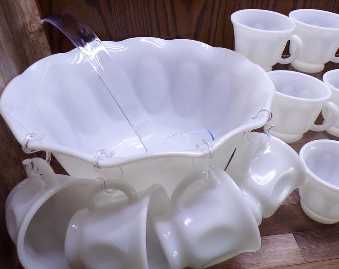 2508 Hazel Atlas ATC23 Thumbprint Milk Glass 26 pc Punch Bowl Set 11" x 6" Bowl, Ladle, 12 Cups & 12 Hooks - Great Condition