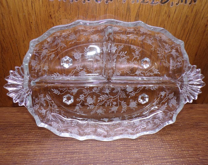 2507 Fostoria Baroque Chintz 10" X 7.5" Vintage Divided 3 Part Footed Relish Dish with Handles - Great Condition