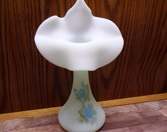 2508 Fenton Blue Roses on Barely Blue Vintage Satin 10" Jack in the Pulpit Vase - Signed K. Rauderman - Great Condition