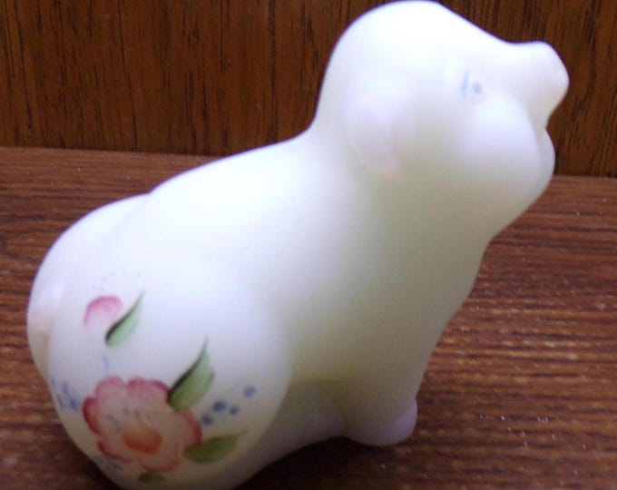 2501 Fenton Glass Vintage 3.5" Smiling Perky Pig White Satin w/Pink & Blue Flowers Hand-Painted Signed D. Cutshaw - Great Condition