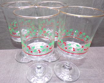 2606 Arby's Holly Berry Christmas 1986 Vintage 6.75" Stemmed / Footed 12 oz Glasses Set of 4