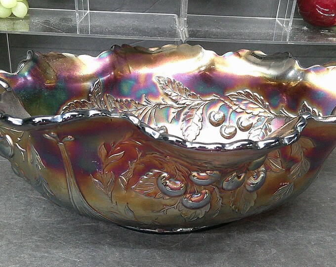 2404 Dugan Vintage Wreathed Cherry Amethyst Carnival Glass 13" x 10" x 4.5" Tall Oval Serving Bowl- Crack in Base Otherwise Great Condition