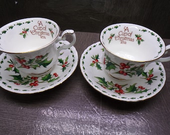 2605 Waldman House Press 1992 Vintage "A Cup of Christmas Tea" Bone China 2 Cups & 2 Saucers by Tom Hegg - Chip on 1 Rim