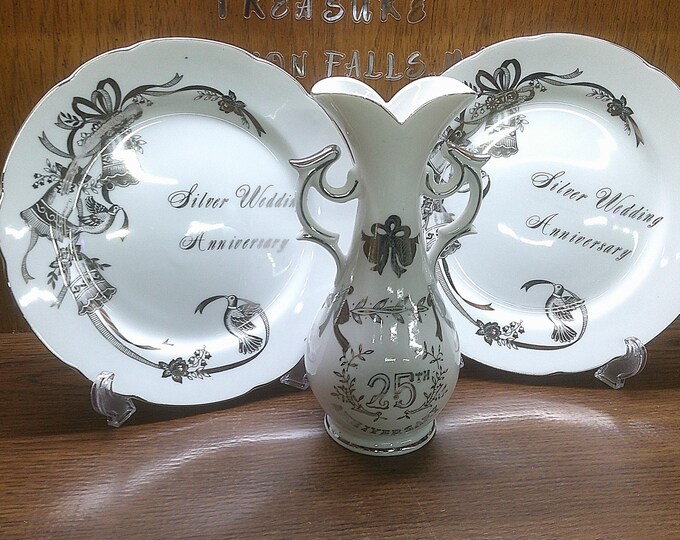 2412 Lefton China Vintage "25th Silver Wedding Anniversary" 3 pc Hand-painted Set - Pair of 9" Plates and 8.5" Vase - Great Condition
