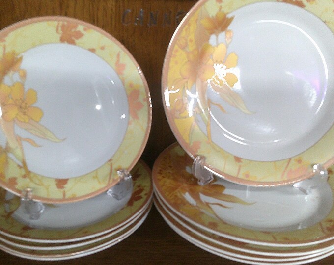 2411 Mei Yuan Fine Porcelain Yellow Gold Floral 10 pc China Set (5) 9" Plates & (5) 7.5" Plates - Good Condition Some Wear