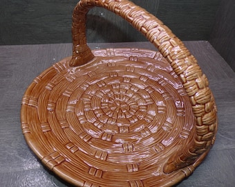 2606 Brown Ceramic 12" Centerpiece Fruit Basket 1970's Vintage Faux Wicker Woven Pattern by Atlantic Molds
