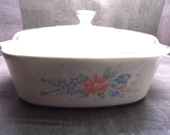 2609 Corning A-2-B Symphony 2 Liter Casserole Dish Blue & Pink Flowers w/ Clear Glass Pyrex Lid