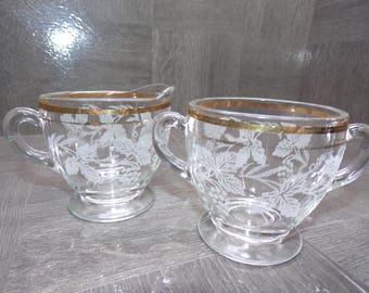 2603 Bartlett Collins Etched Grape & Leaf Pattern 3.25" Clear Glass w/Gold Rim Sugar Bowl and Creamer Set - Great Condition