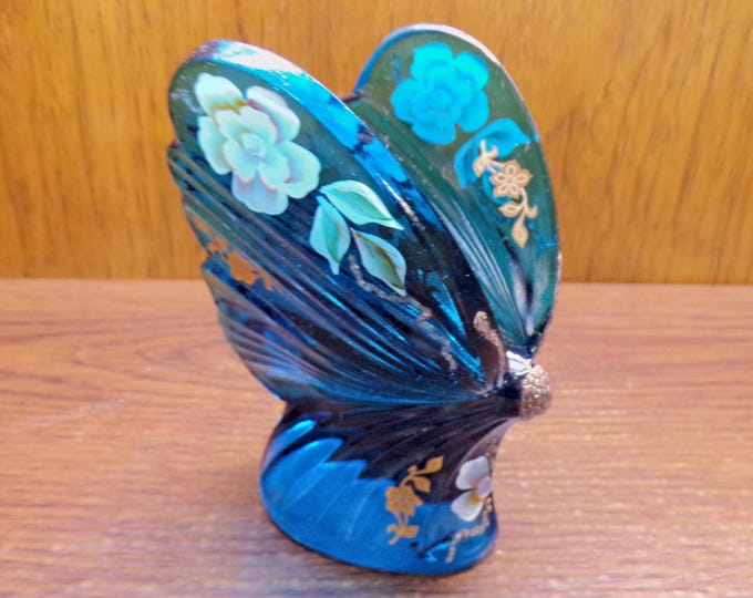 2501 Fenton Glass 4.5" Blue Butterfly w/ Hand-Painted Flowers and Gold Trim - Fenton Sticker Signed K. Ludondus - Great Condition