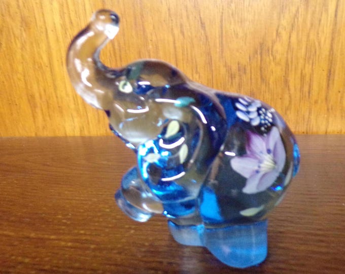 2501 Fenton Glass Blue 4" Vintage Elephant Trunk Up Foot Up Hand-Painted Flowers Signed S. Barnett - Great Condition