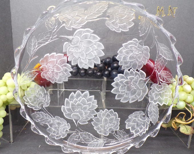 2309 Crystal Clear Studios 13" Round Chrysanthemum Platter Frosted Floral Glass Vintage Serving Platter Raised Rim - Good Condition