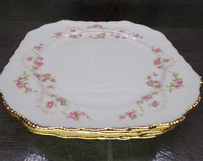 2602 Pope-Gosser Florence Vintage 7.5" Salad / Snack Plates Set of 4 Pink Rose China w/ Gold Rim Made in USA - Great Condition