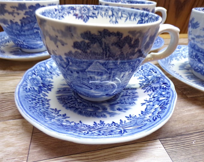 2509 English Village Hand Engraved Ironstone 4 Cups & 4 Saucers by Salem China Co. Olde Staffordshire Salem England- Great Condition
