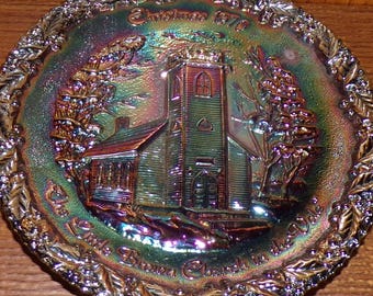 2503 Fenton 8" Iridescent Amethyst Carnival Glass Vintage Plate - Christmas in America #1 Little Brown Church in the Vale 1970 - Great Cond.
