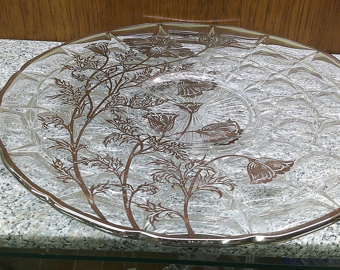 2406 Silver City 13" Round Glass Thumbprint Platter Sterling Silver Overlay Floral Poppies with Silver Rim Vintage Tray - Great Condition