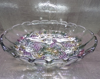 2602 Beautiful Vintage Indiana Glass Footed 8" x 12" Clear / Colored Embossed Oval Panel Glass Fruit Bowl - Great Condition