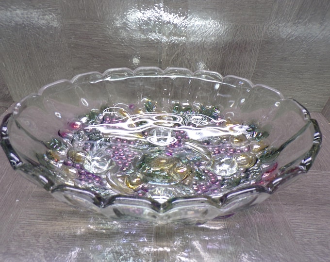 2602 Beautiful Vintage Indiana Glass Footed 8" x 12" Clear / Colored Embossed Oval Panel Glass Fruit Bowl - Great Condition