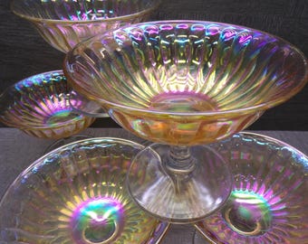 2607 Imperial Glass Clambroth Carnival Glass 3.5" Vintage 1940's Footed Smooth Rays Sherbet Cups Set of 6