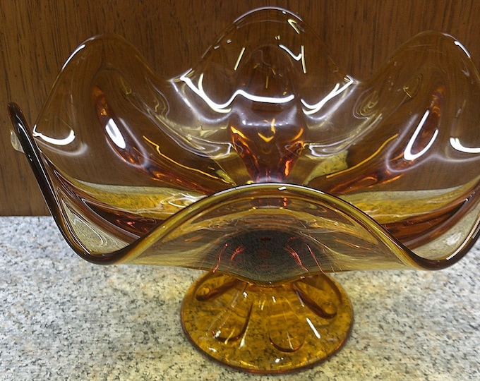 2408 Viking Glass 6 Petal Amber Footed 9.75" Vintage Pedestal Compote Candy Dish 6" Tall - Great Condition No Chips or Cracks