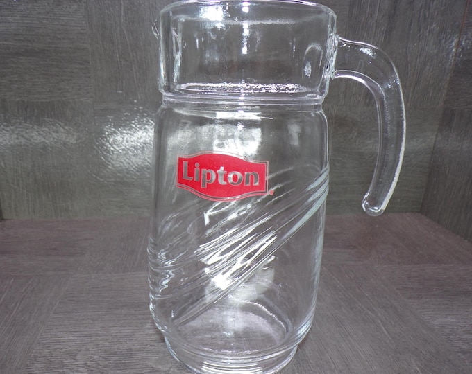 2602 Lipton Clear Glass Vintage 8.75" Lipton Logo Iced Tea Pitcher - Great Condition
