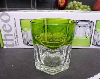 2312 Godinger Shannon Crystal 4" Vintage Set of 4 Theo Lime Green Double Old Fashioned Glasses