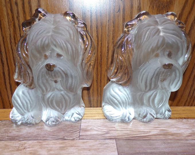 2508 Pair of Viking Glass Clear Glossy / Frosted 6" Shitzu Dog Vintage Flat Back Paperweight Figurine Bookends - Great Condition