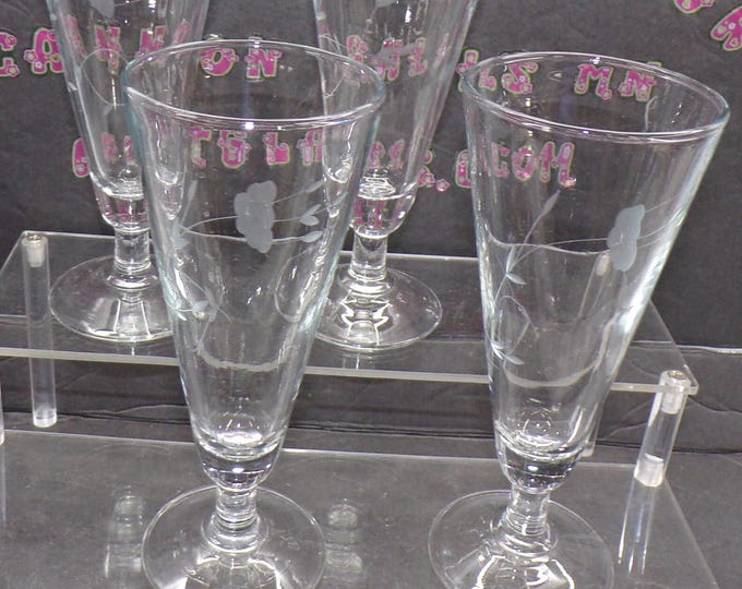 2212 Princess House Heritage Etched Wheat Floral Footed 7.5" Beer / Champagne Flute Trumpet Pilsner Glass Vintage Set of 4 - Good Condition