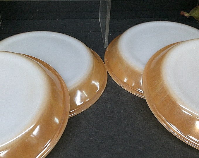 2401 Anchor FireKing Peach Lustre Milkglass 9" Vintage Pie Plates Set of 4 - Good Condition Light Scratches Stain in Bottom of 2