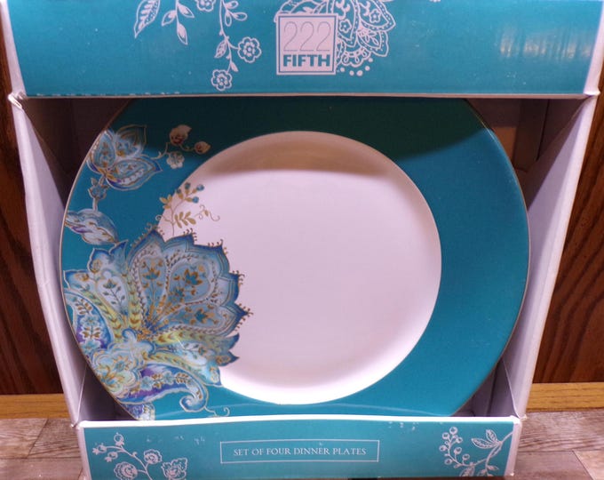 2509 222 Fifth Norah Teal 10.75" Dinner Plates Set of 4 Beautiful - Excellent Condition in Original Box