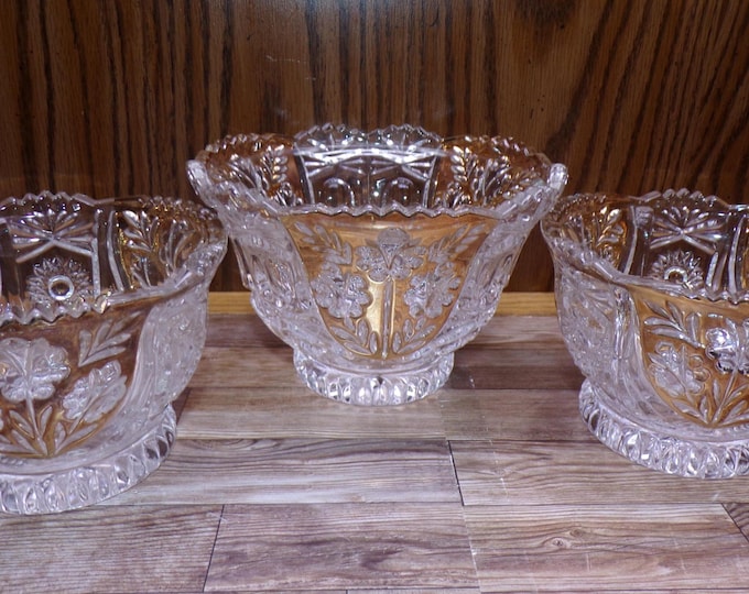 2510 Anna Hutte Bleikristall 24% Lead Crystal Set of 3 Vintage Footed Bowls (1) 6" & (2) 5" Clear with Gold Accents - Great Condition