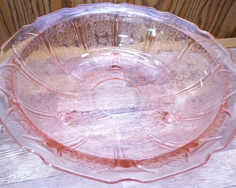 2511 Jeanette Cherry Blossom Peach / Pink Depression Glass 10.5" Decorative Bowl - Great Condition