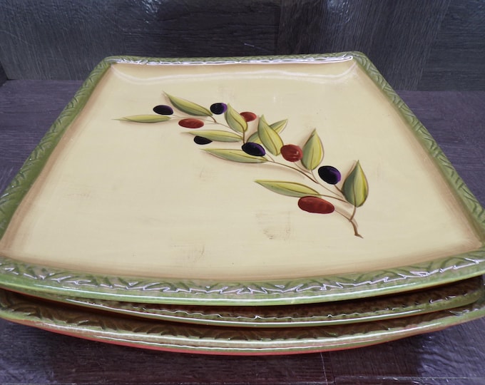 2602 Clay Art Antique Olive Hand-painted 8.5" Square Salad / Snack Plates Set of 4 - Good Condition