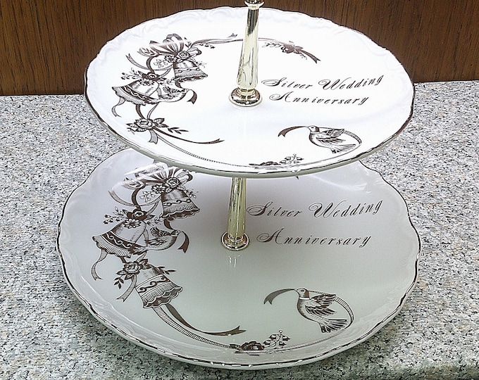 2405 Lefton China "Silver Wedding Anniversary" 2 Tier Tidbit Serving Tray #03187 9" & 7" Wide x 10" Tall - Excellent Condition