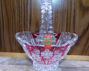 2510 Anna Hutte Bleikristall 24% Lead Crystal Vintage Footed Basket 6"x4"x6.5" Tall Clear with Ruby Red Accents - Great Condition
