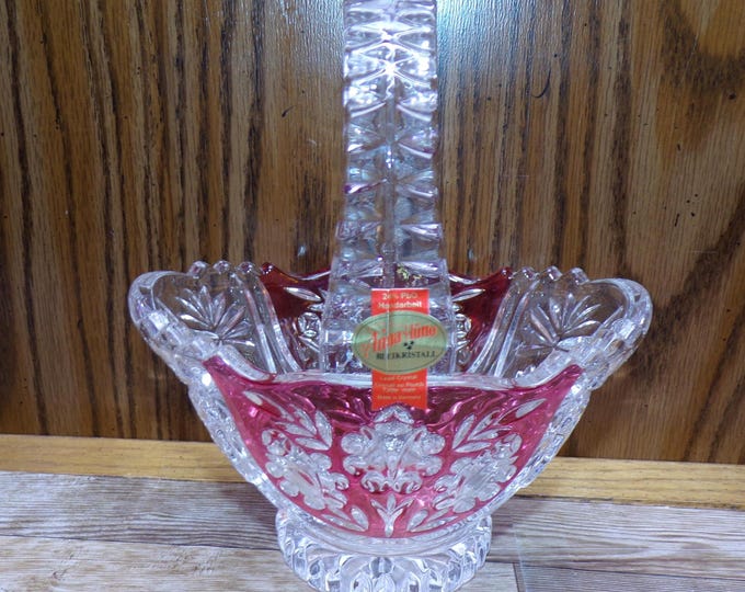 2510 Anna Hutte Bleikristall 24% Lead Crystal Vintage Footed Basket 6"x4"x6.5" Tall Clear with Ruby Red Accents - Great Condition