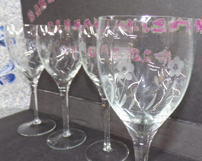 2301 Etched Stemmed Crystal Water / Wine Stemware Vintage 8" Set of 4 - Good Condition No Chips or Cracks