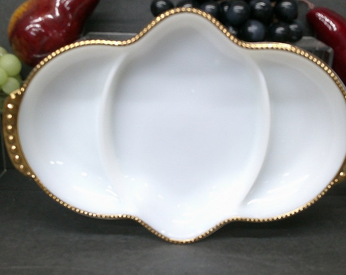 2403 Fire King Vintage Milk Glass 11" x 7.75" Split Condiment / Relish Dish Divided Dish with Gold Trim - Excellent Condition
