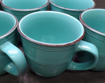 2606 American Atelier Stoneware 14 oz Teal Mugs w/ Brown Rim Set of 6