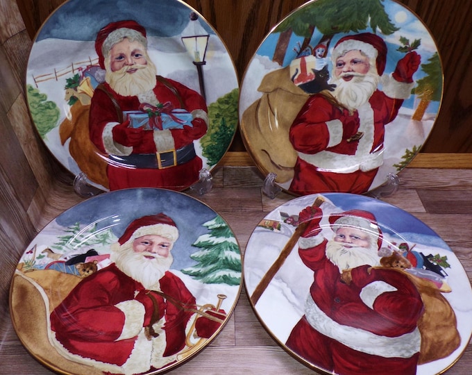 2508 American Atelier Santa #5052 8.25" Porcelain Snack / Salad Plates Set of 4 Mixed Christmas Holiday Scenes - Great Condition