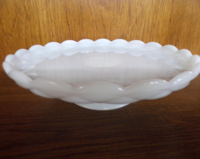2506 Anchor Colonial Diamond Quilted Milk Glass 11" Vintage 1970's Footed Cake Plate / Platter w/ Raised Scalloped Edge - Great Condition