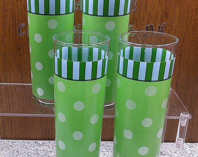 2405 Gail Pittman Southern Living Provence Polka Dots & Stripes Vintage 7" Tom Collins Highball Tumblers Set of 4 - Great Condition