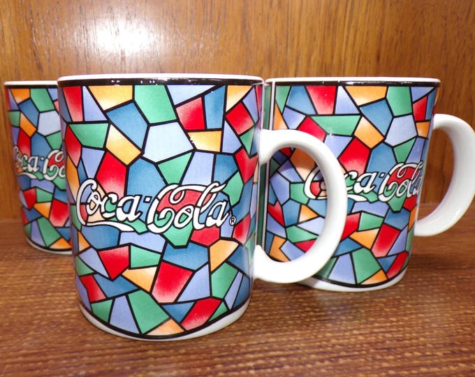 2507 Gibson Coca-Cola Stained Glass Mosaic Vintage 1996 12 oz Mugs Set of 4 - Pre-owned Great Condition