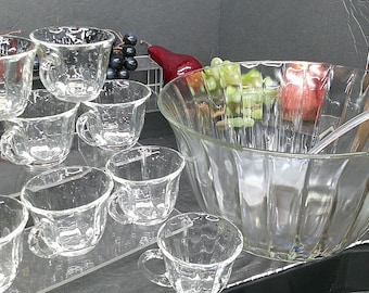 2401 Panel Glass 26 pc Vintage Punch Bowl Set- 12.25"W x 7"T Bowl w/12 Cups, 12 Hooks & Ladle- Good Condition No Chips/ Cracks