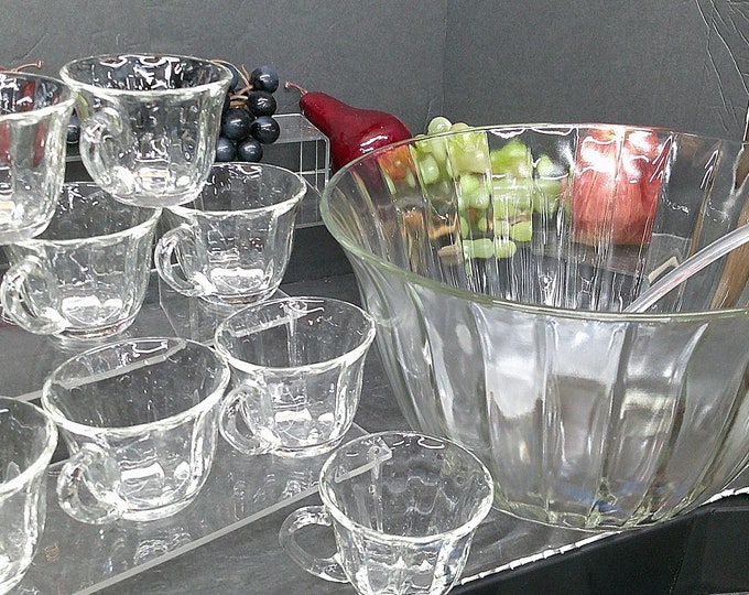 2401 Panel Glass 26 pc Vintage Punch Bowl Set- 12.25"W x 7"T Bowl w/12 Cups, 12 Hooks & Ladle- Good Condition No Chips/ Cracks