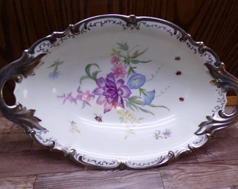 2510 Hutschenreuther Sylvia 13" x 8.25" Beautiful Decorative Vintage Footed Oval Bowl w/ Platinum Handles & Trim Made in Germany- Great Cond