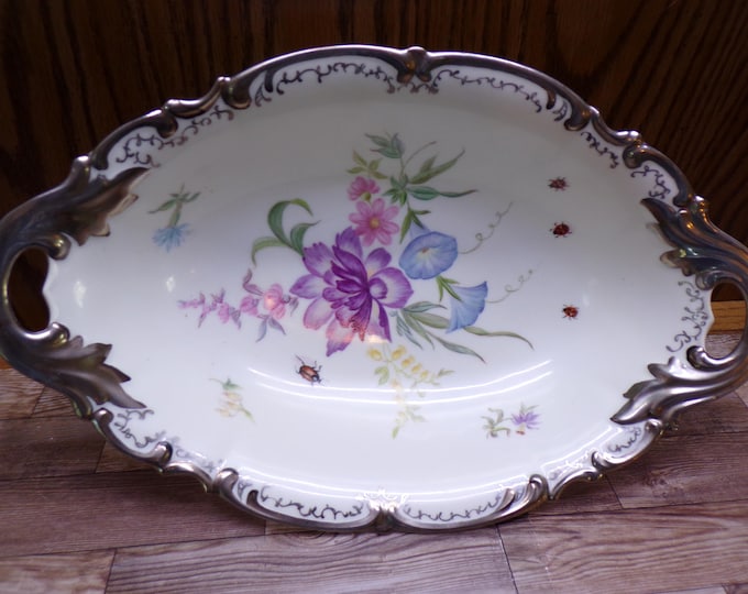 2510 Hutschenreuther Sylvia 13" x 8.25" Beautiful Decorative Vintage Footed Oval Bowl w/ Platinum Handles & Trim Made in Germany- Great Cond