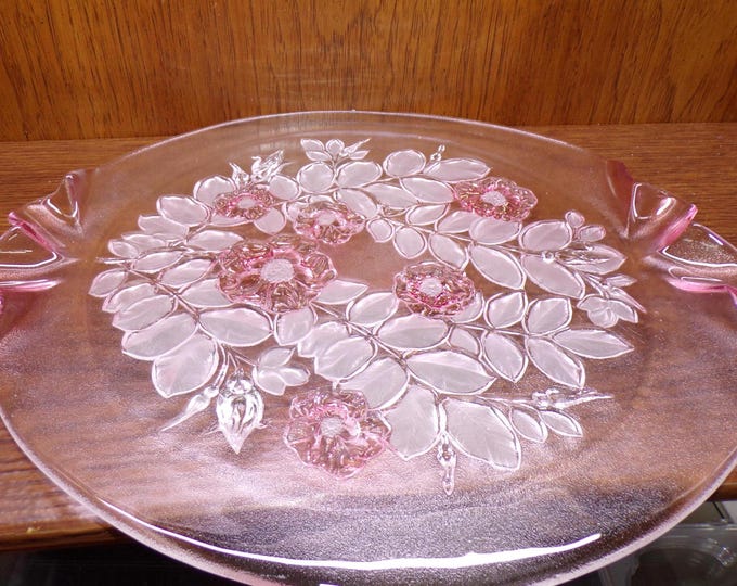 2503 Mikasa Rosella 13.75" Round Tempered Textured Glass Platter w/ Pink Handles, Pink Flowers & Frosted Leaves Very Beautiful - Great Cond.