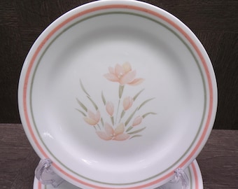2605 Corelle Peach Floral 7.25" Salad / Snack Plates Set of 4 Peach & Green Rim