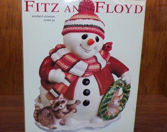 2503 Fitz and Floyd Essentials 12" Handcrafted Christmas Cookie Jar Woodland Snowman Retired Holiday Vintage 2003 - Great Cond. in Orig. Box